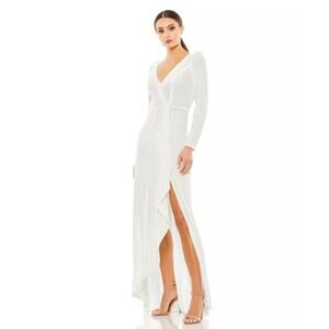 NWT Mac Duggal Ieena White Sequined Faux Wrap Long Sleeve Gown Size 4
